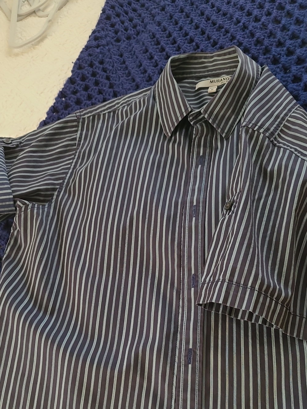 Murano Men's Navy and Light Blue Striped Casual Shirt